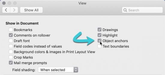 word for mac 2011 display field shading